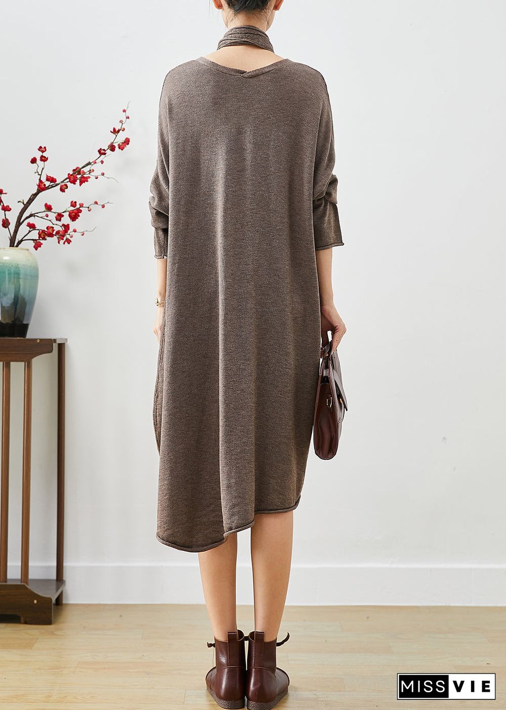 Coffee Loose Knit Maxi Dresses Button Down Complimentary Scarf Fall