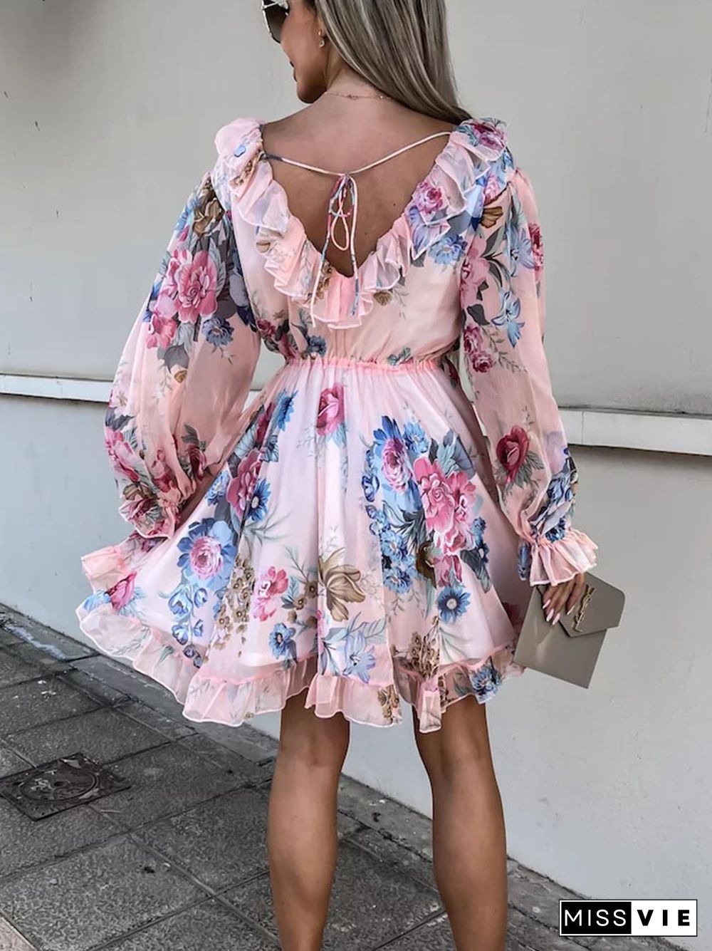 Sexy Backless Double V Neck Ruffle Party Dress Fashion Boho Floral Print Chiffon Beach Dress Elegant Women Tie Pleat Mini Dress