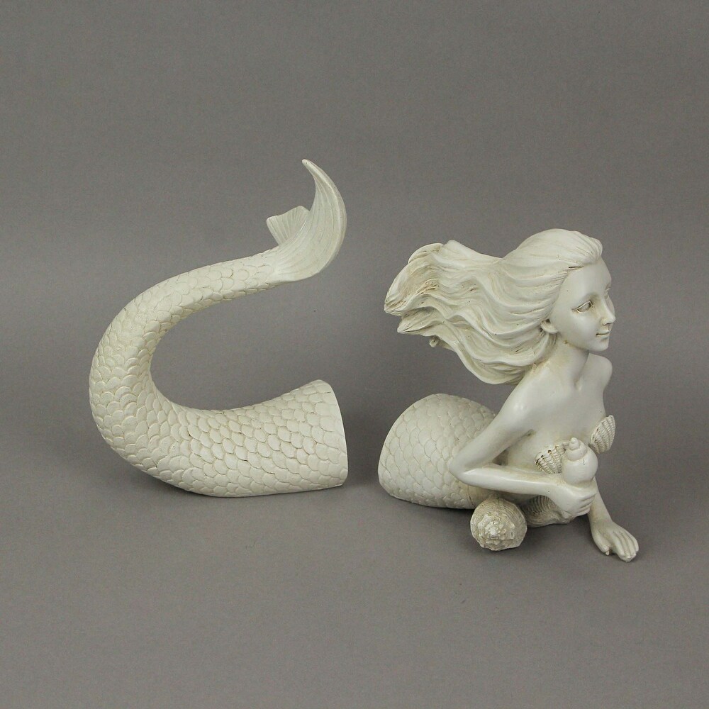 White Resin Mermaid Bookends Coastal Bookshelf Decor (Set Of 2)   6.75 X 5.25 X 3.5 inches