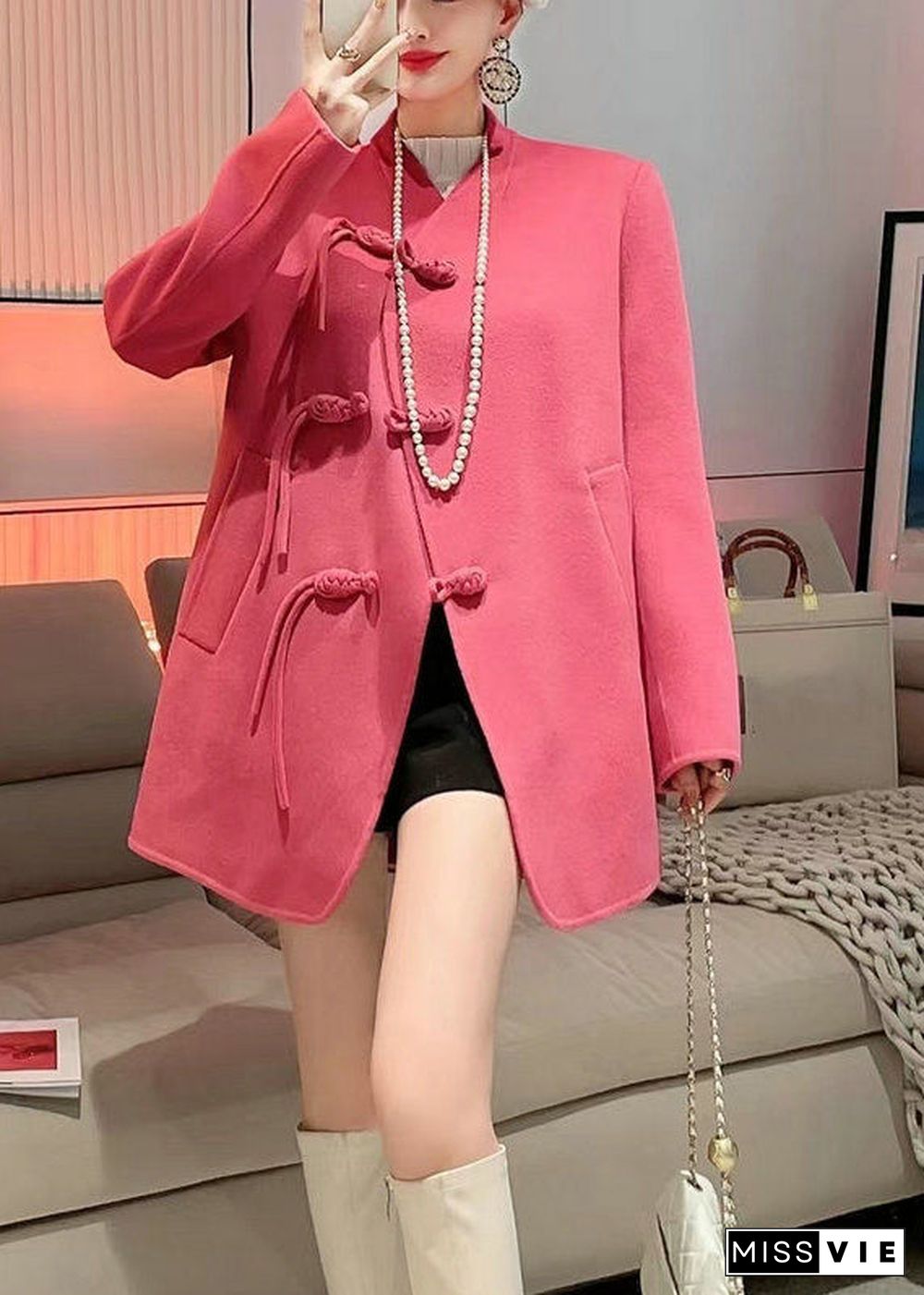 Modern Watermelon Red Oversized Woolen Coat Outwear Fall