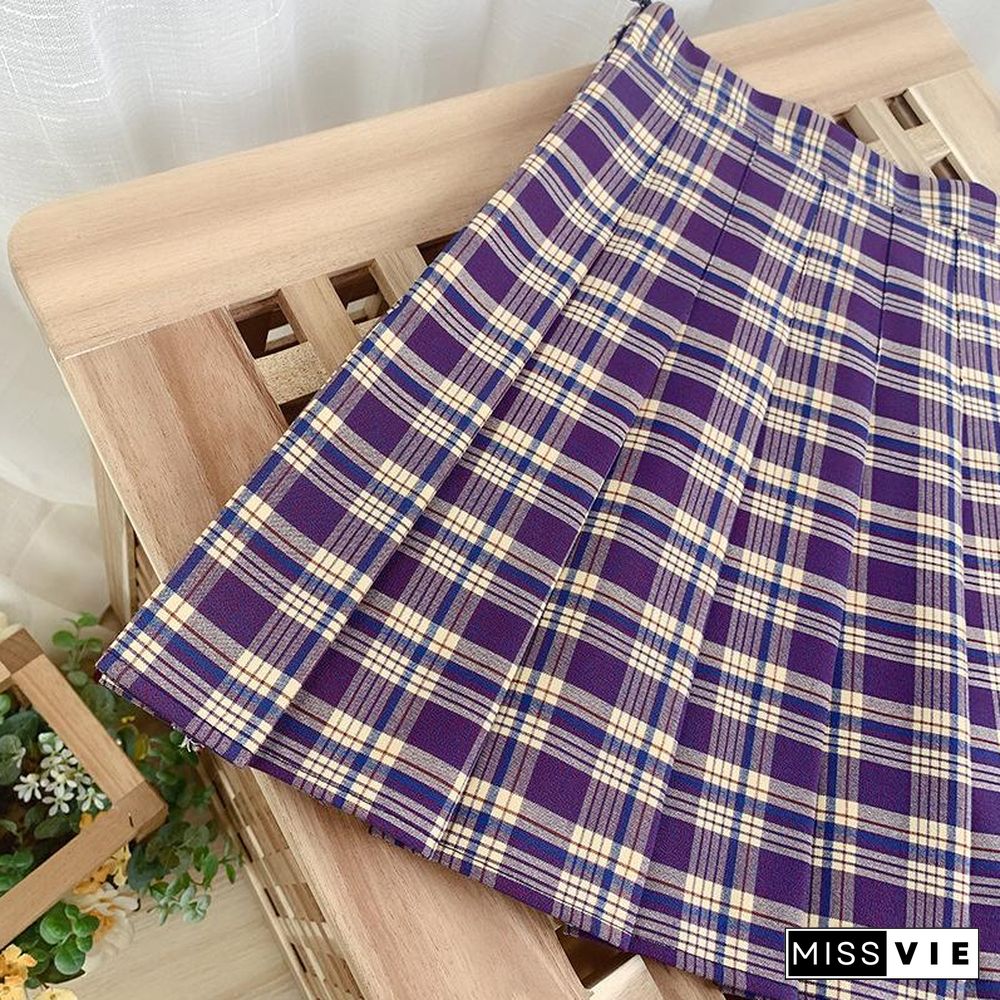 Harajuku Style Women Plaid Skirt Summer High Waist Chic A Line Midi Skirts Club Party Casual Short Pleated Skirt Uniforms