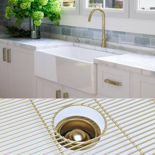 Fossil Blu Luxury White Solid Fireclay 33 in. Single Bowl Farmhouse Apron Kitchen Sink with Matte Gold Accs and Flat Front WHS1002BB