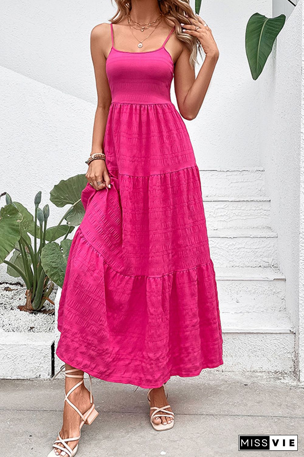 Rose Textured Tiered Spaghetti Strap Maxi Dress