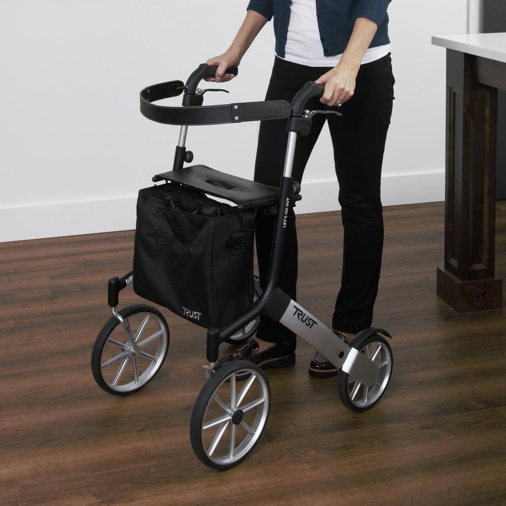 Stander Trust Care Let's Go Out 4-Wheel Lightweight Folding Rollator with Seat in Black and Silver 4600-BL