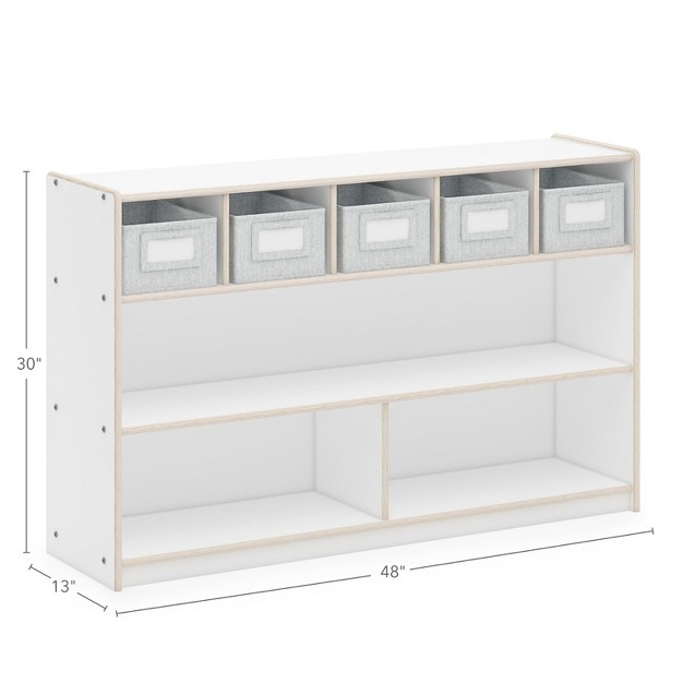 Guidecraft Edq Shelves And 5 Bin Storage Unit Wooden Classroom Bookcase With Cubbies For Kids x27 Books Toys And School Supplies