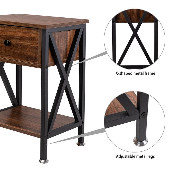 End Table/Side Table with Drawer and Open Storage Shelves and X Side Structure， Nightstand，Table for Bedroom Living Room