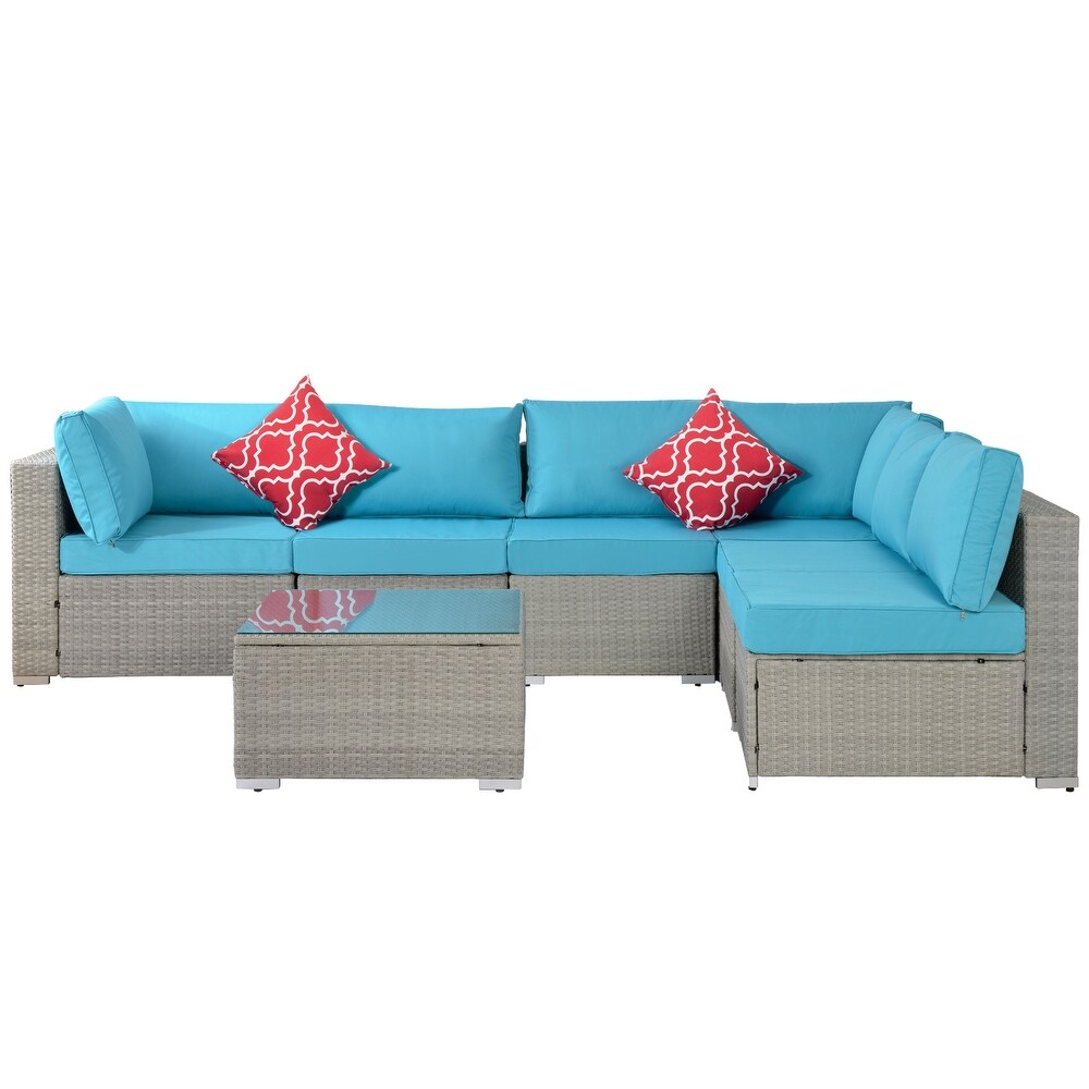 Outdoor Garden Patio Furniture 7 Piece PE Rattan Wicker Sectional Cushioned Sofa Sets with 2 Pillows and Coffee Table