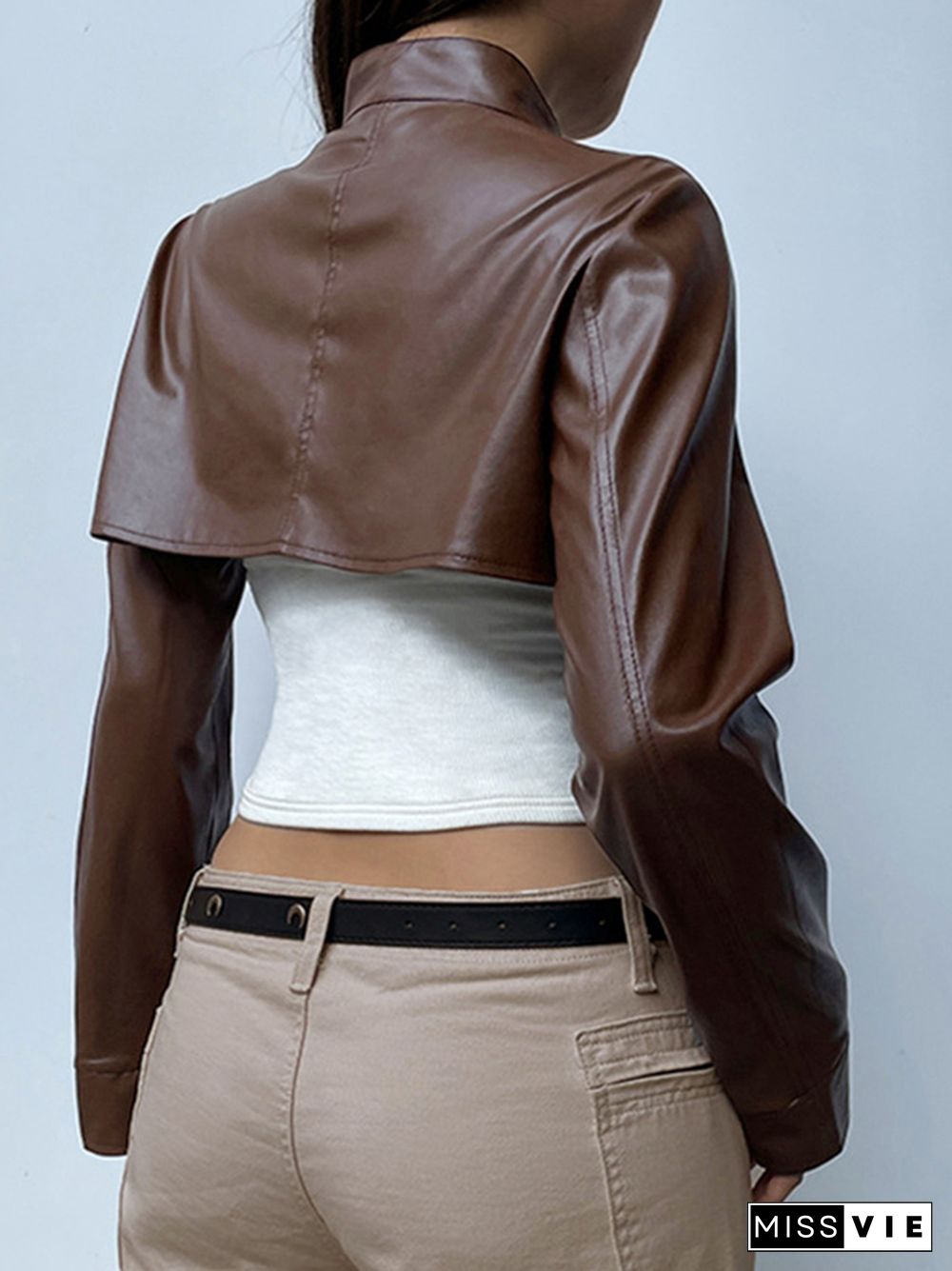 Vintage Brown Ultra Short Metal Buckle Leather Jacket