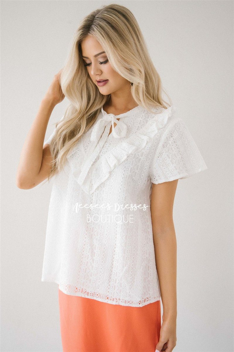 Ivory Lace & Ruffle Neck Tie Top