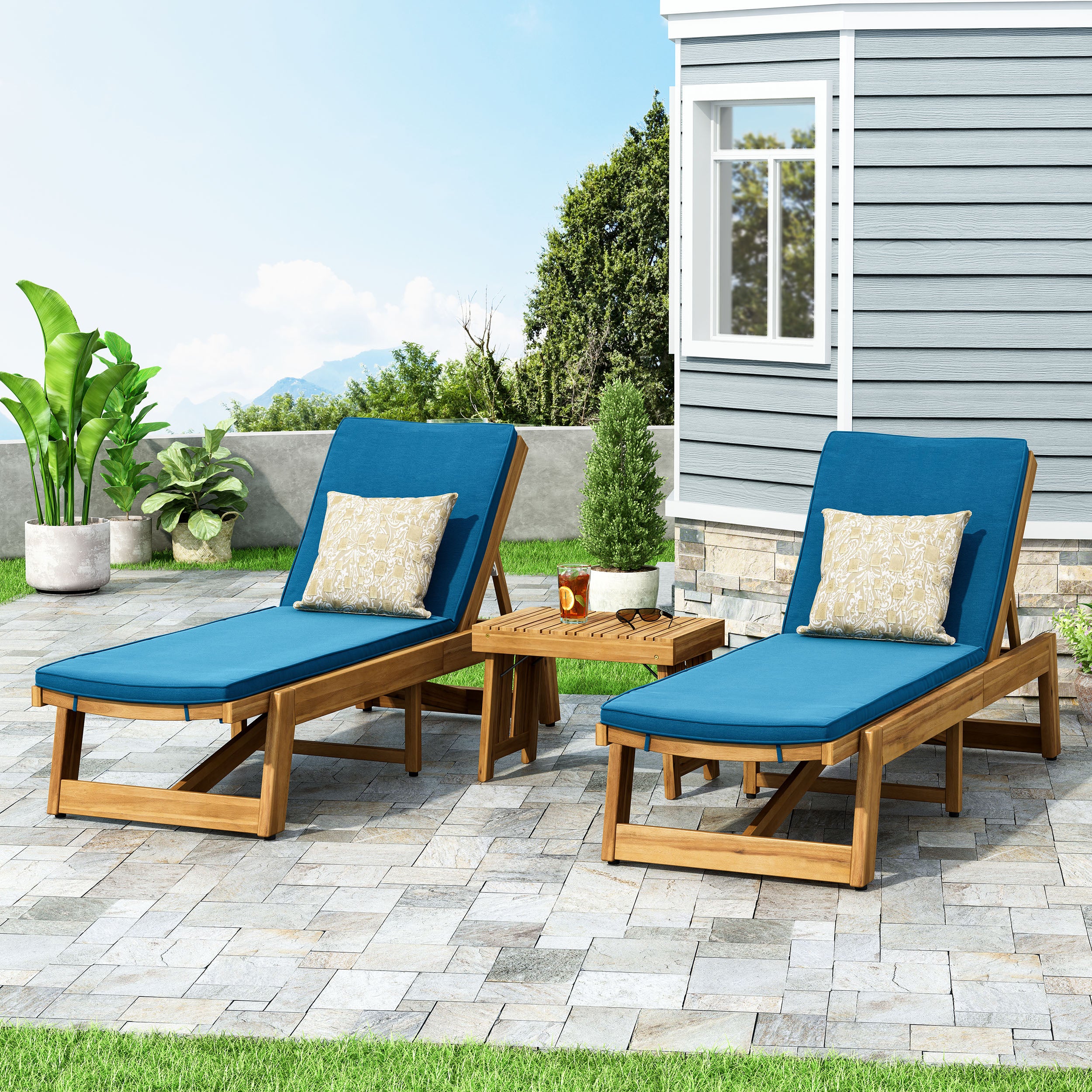 Karyme Outdoor Acacia Wood 3 Piece Chaise Lounge Set with Water-Resistant Cushions