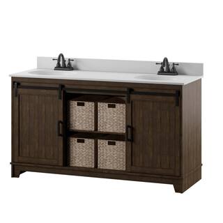 Twin Star Home 60 in.W x 22 in. D x 37.88 in. H Double Sink Bath Vanity in Saw Cut Espresso with White Marble Top and Sliding Barn Door 60BV34004-PD01