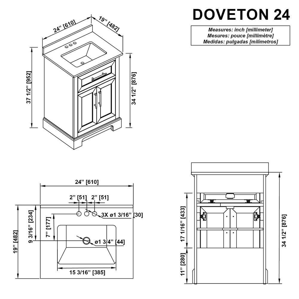 Home Decorators Collection Doveton 24 in. W x 19 in. D x 34.50 in. H Bath Vanity in White with White Engineered Stone Top Doveton 24W