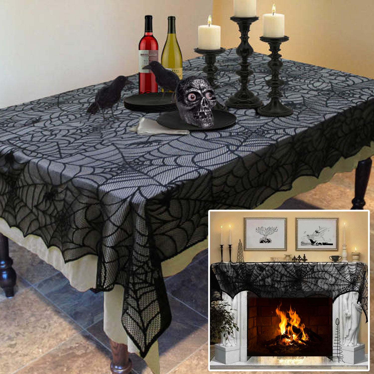 Fun Little Toys 2 PCs Halloween Tablecloth， Black Lace Spiderweb Fireplace Mantle and Tablecloth， Halloween Party Supplies， Halloween Party Decorations， Halloween Indoor Decorations