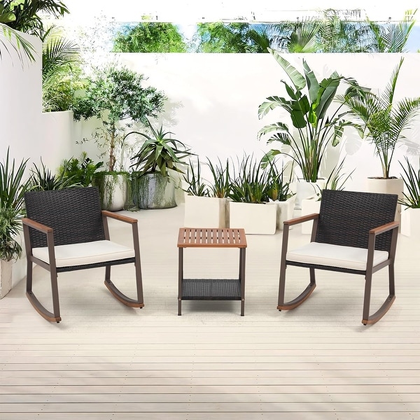 3 Pieces Wicker Rocking Bistro，Weather Rattan Patio Outdoor Furniture Conversation Chair Sets with Coffee Table and Cushions