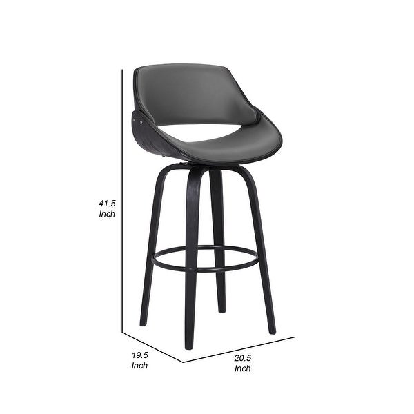 30 Inch Leatherette and Wooden Swivel Barstool， Black and Gray