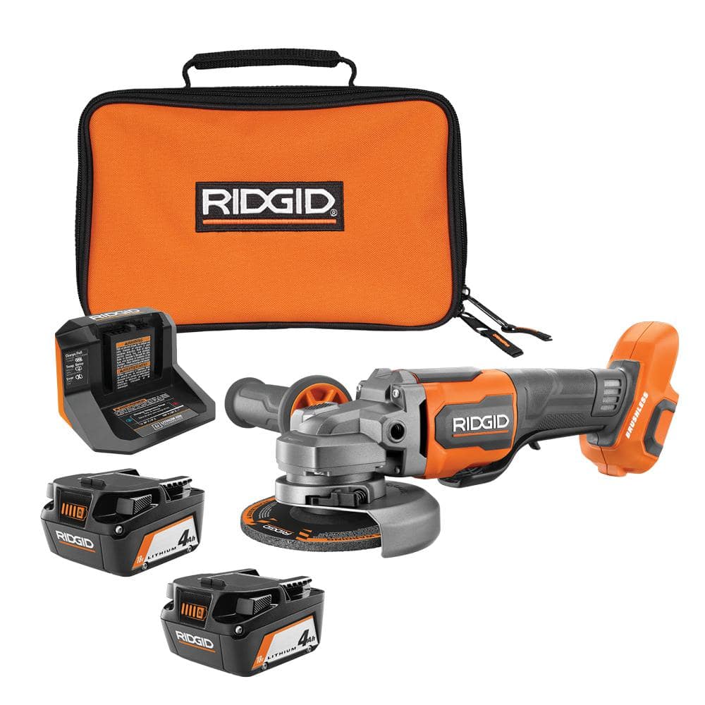 RIDGID 18V Brushless Cordless 4-1/2 in. Paddle Switch Angle Grinder with (2) 4.0 Ah Batteries, Charger, and Bag R86047B-AC93044SBN