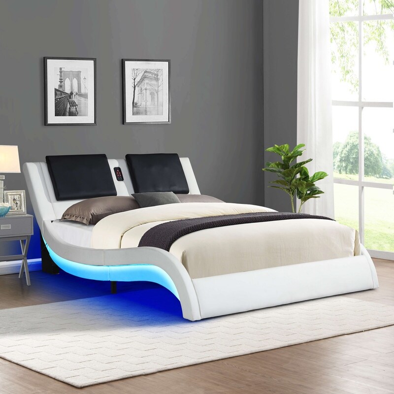 King Size Faux Leather Upholstered Platform Bed Frame with led lighting  Bluetooth connection