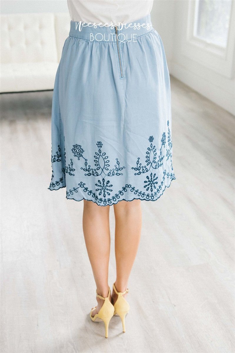 Embroidered Detailed Chambray Skirt