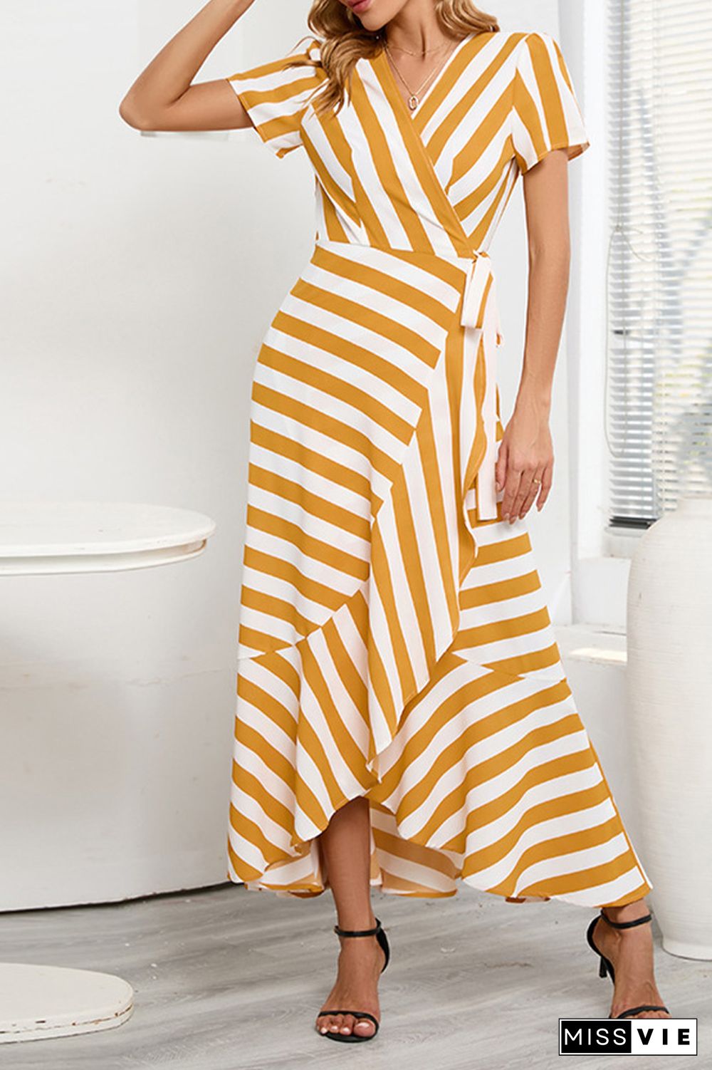 Stripes Splicing Irregular Ruffle Maxi Dress