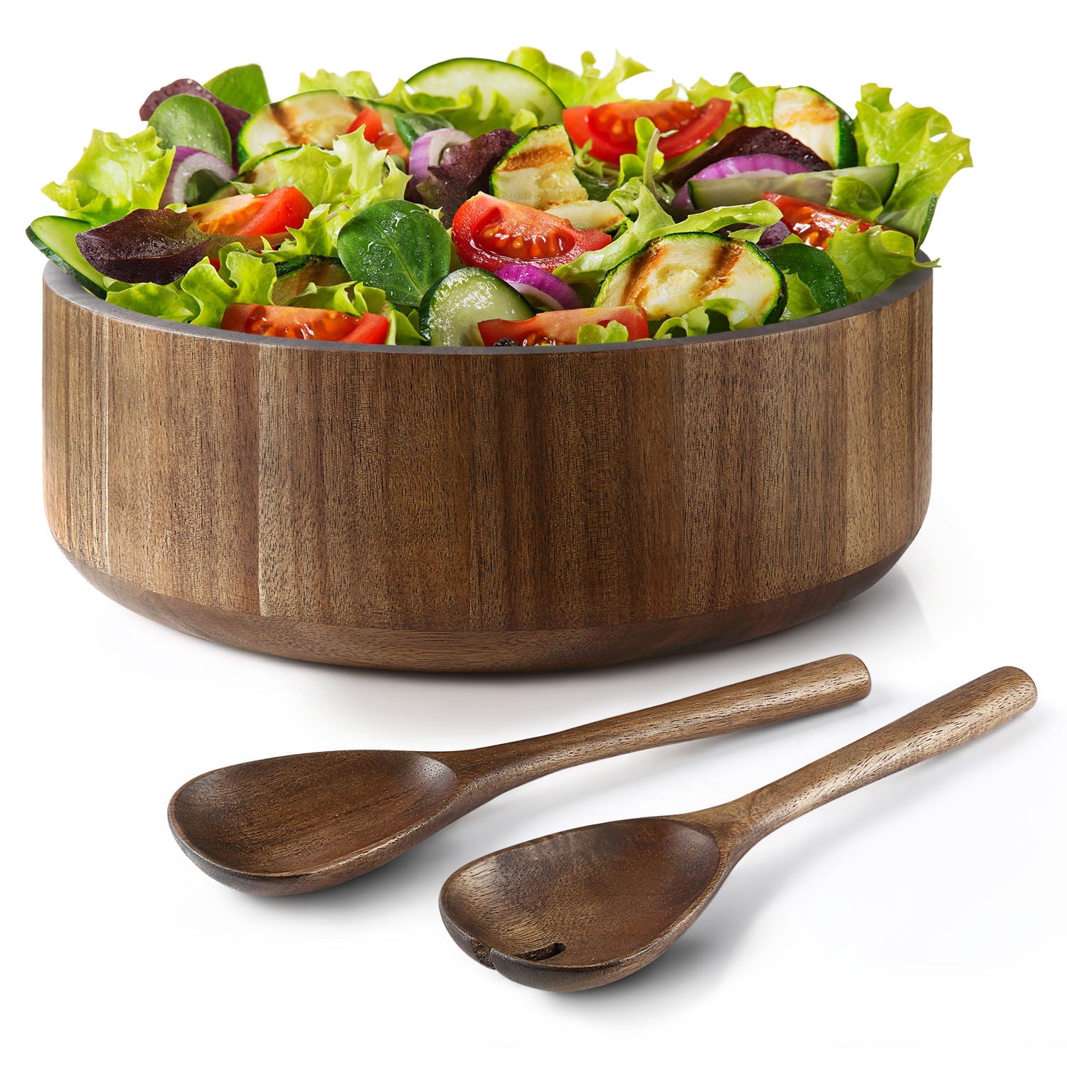 Miusco Rustic Wood Salad Serving Bowl Set with Tongs， 12 Large Kitchen Fruit Bowl， Decorative Wood Mixing Bowls， 200 oz