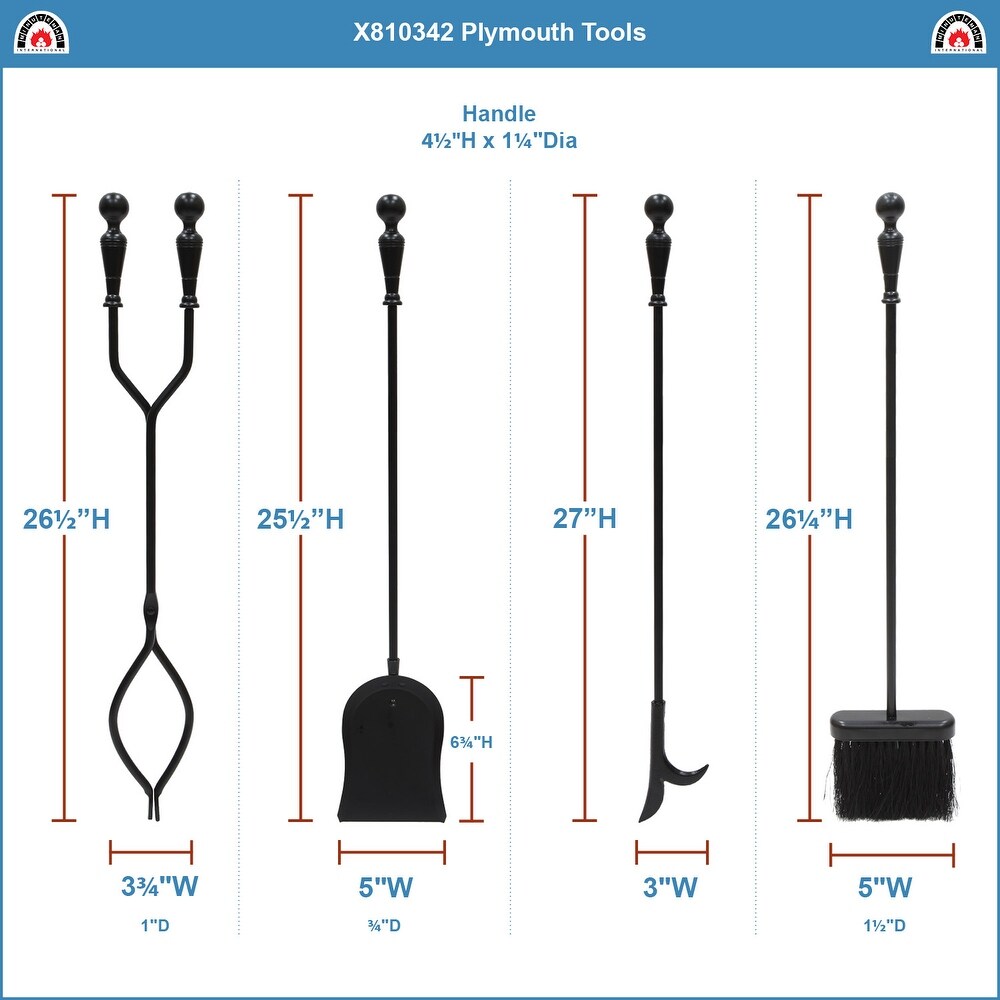 Minuteman International Plymouth Set of 4 Fireplace Tools w/Rectangular Base  29.5 Inch Tall  Black