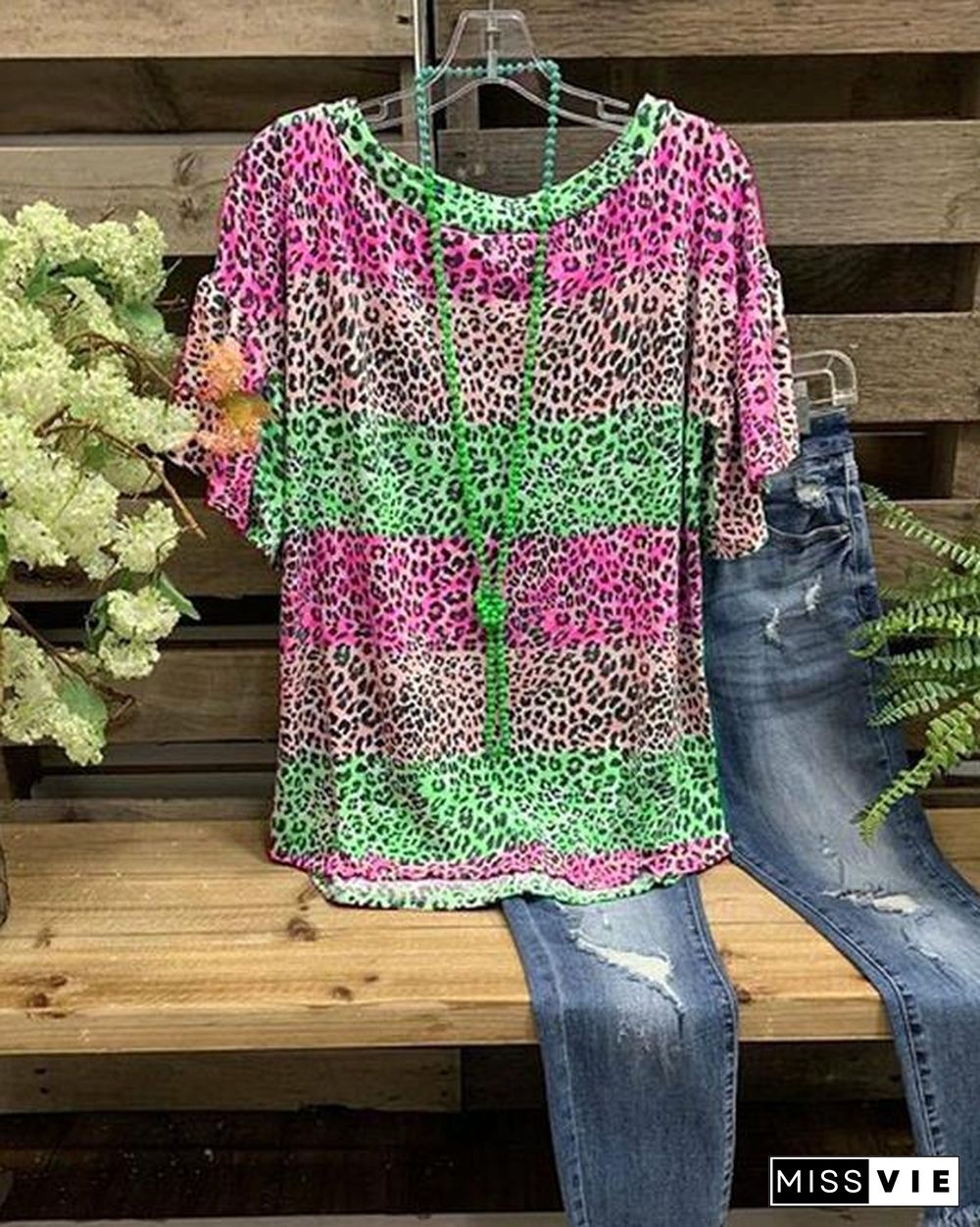 O-Neck Cotton Leopard Printed Casual Shirt & Top