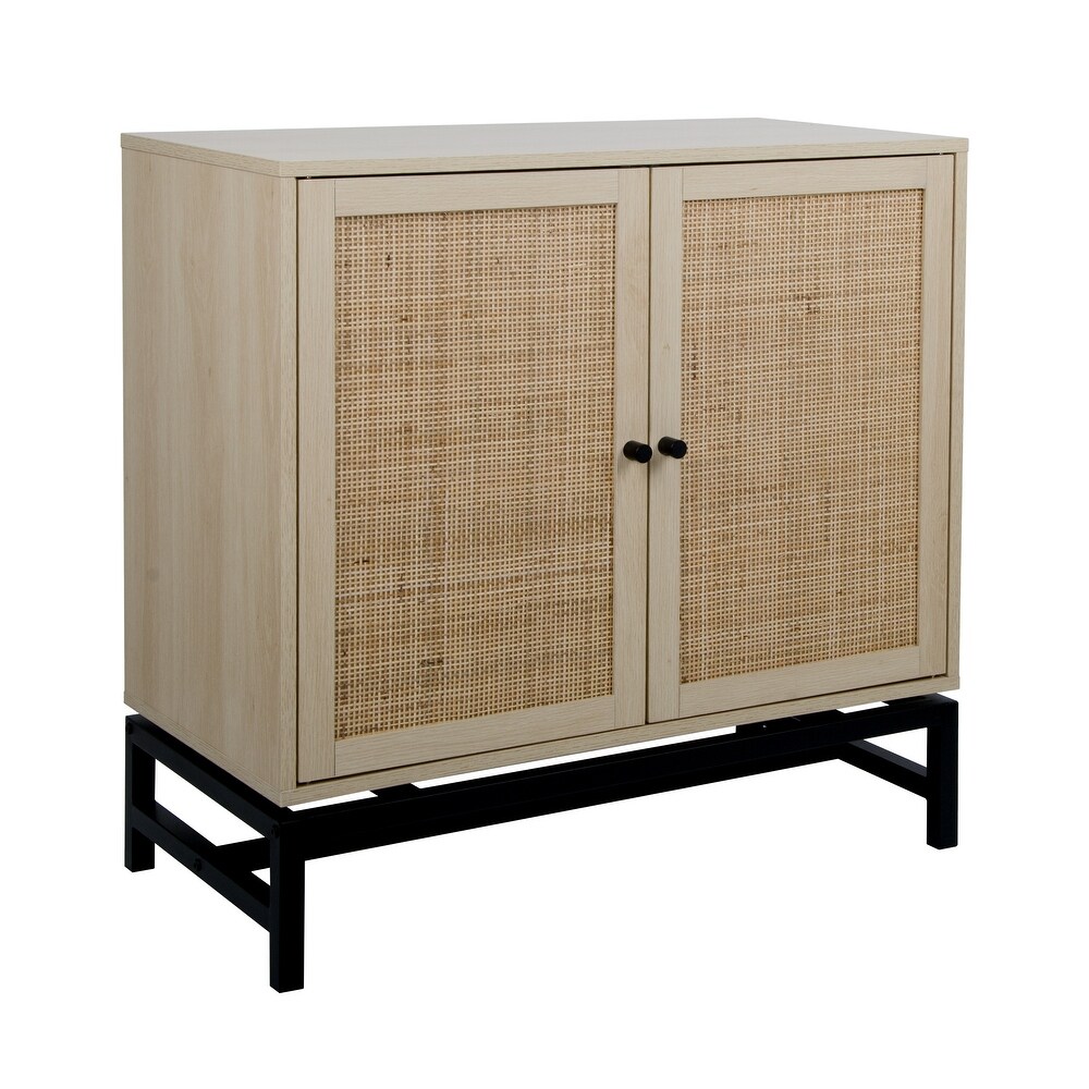 Set of 2 Natural Rattan 2 Door Accent Cabinet with 1 Adjustable Inner Shelves