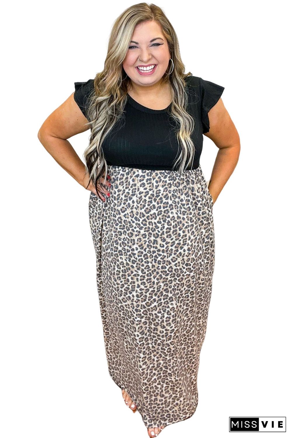 Black Plus Size Rib Leopard Short Sleeve Maxi Dress