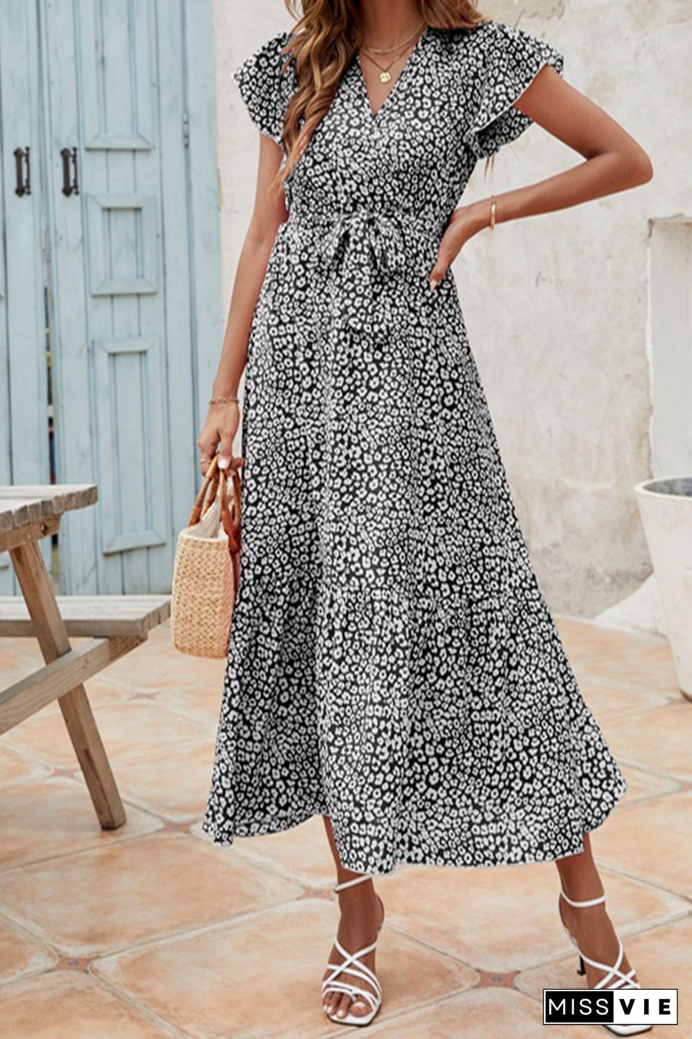 Floral Print Short Sleeve V Neck Long Dress Wholesale