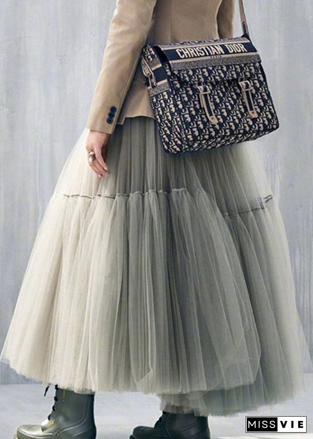 Elegant Green Cinched wrinkled tulle Skirts Spring