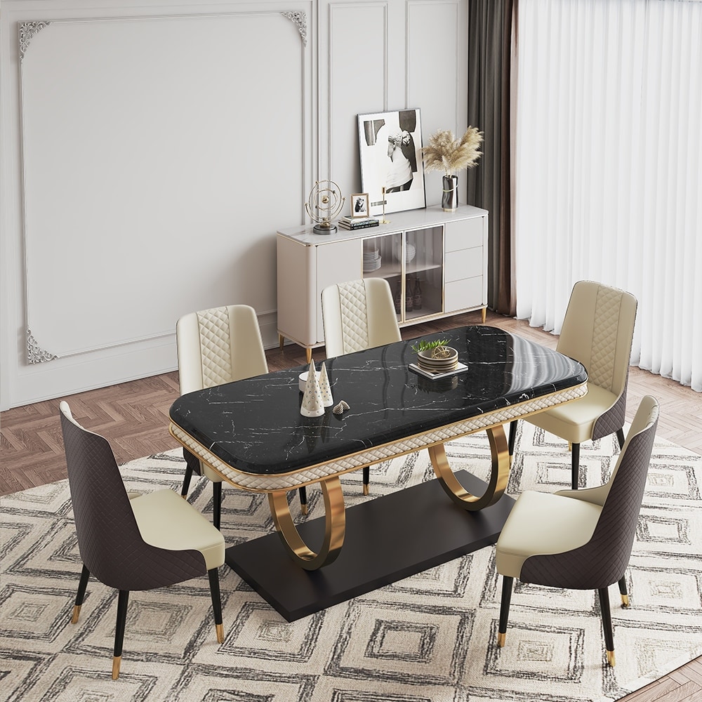 Modern Black Marble Dining Table for 6 10 with Rectangular Tabletop Dual Circle Base