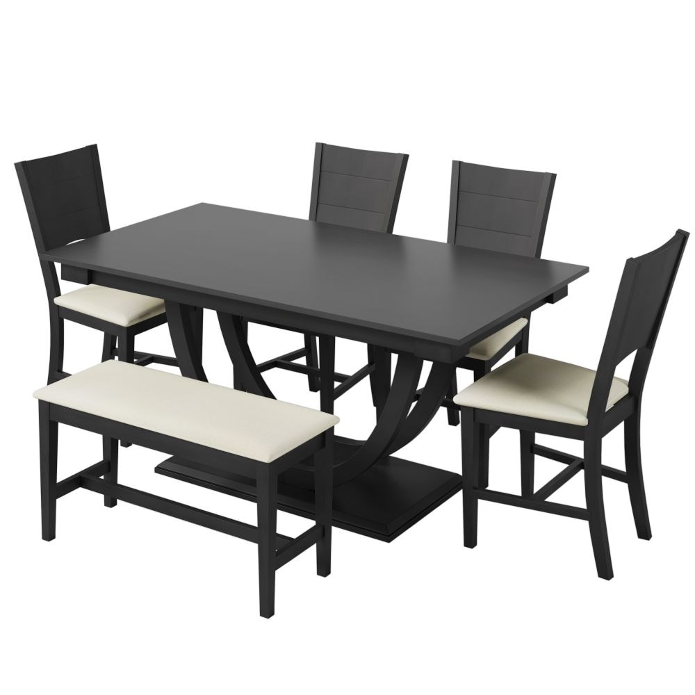 6 Piece Wood Half Round Dining Table Set Kitchen Table Set with Long Bench and 4 Dining Chairs