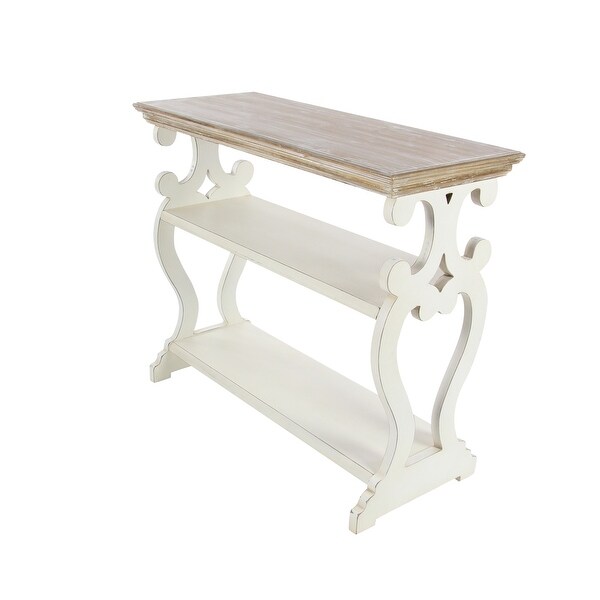 White or Black Wood Scroll Side Frames 2 Shelves Console Table with Brown Wood Top 38