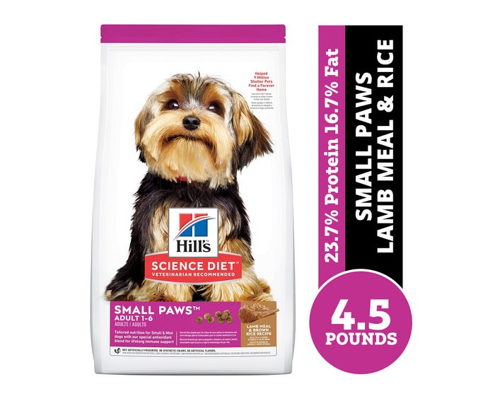 Hills Science Diet Adult Small Paws Lamb Meal  Brown Rice Recipe Dry Dog Food， 4.5 lb. Bag