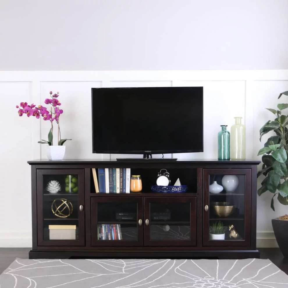 Contemporary TV Stand  4 Glass Panel Doors With Adjustable Inner Shelf  Espresso   Transitional   Entertainment Centers And Tv Stands   by Declusia  Houzz