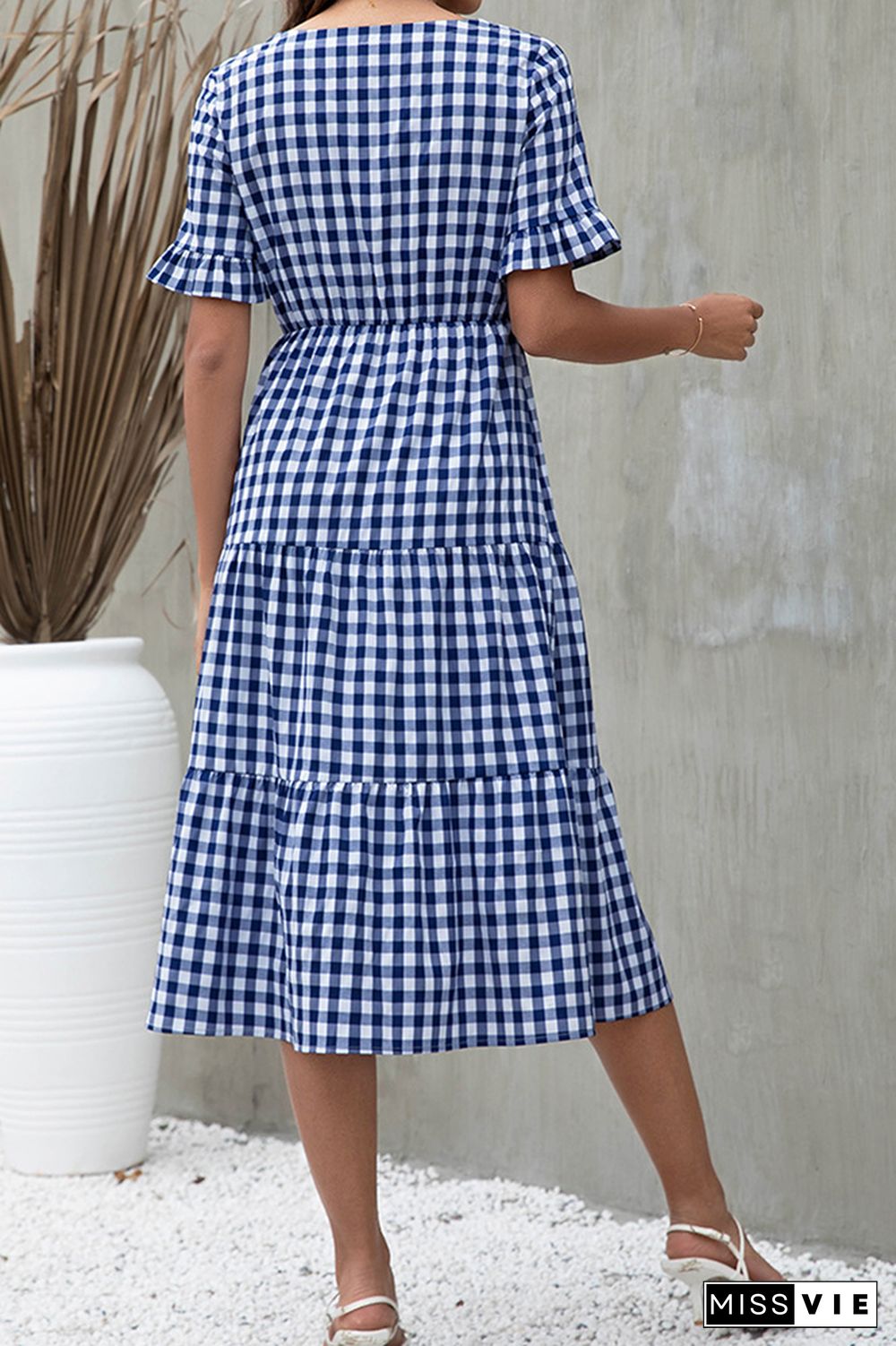 Plaid Print Short Sleeve Midi Dress Wholesale