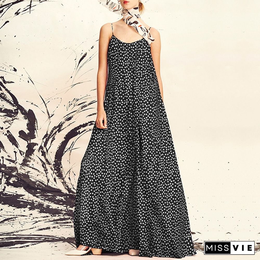 Summer Women Spaghetti Strap Long Dress Floral Print V Neck Sundress Holiday Party Casual Loose Maxi Dress Plus Size