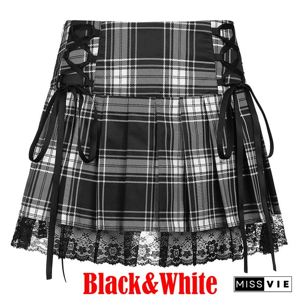 Summer New 3 Colors High Waist Skirts For Women Fashion Sexy Plaid Lace Skirts Women Pleated Skirts Jupe Femme Black Streetwear Mini Skirt