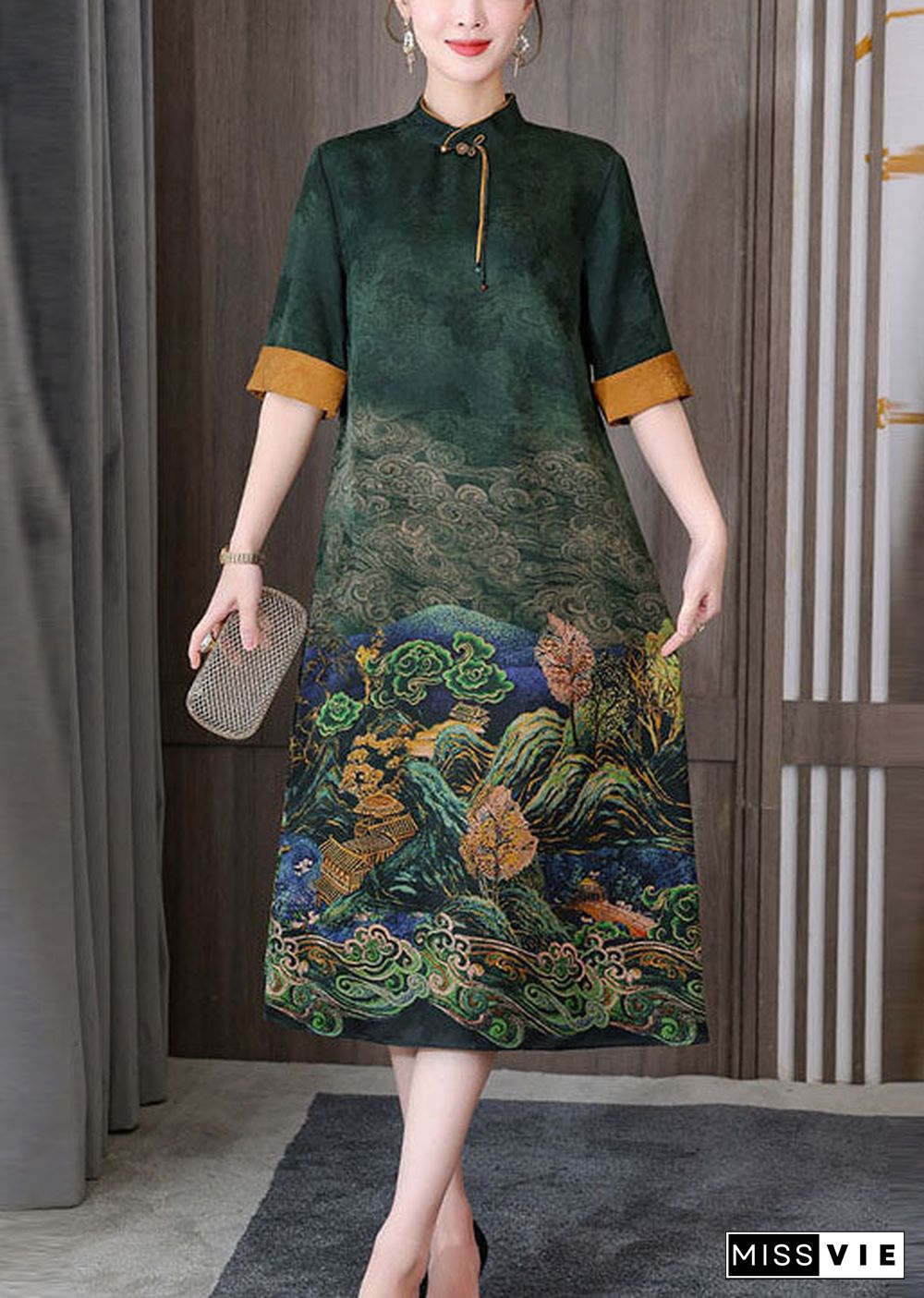 Green Print Silk Long Dress Mandarin Collar Zippered Short Sleeve