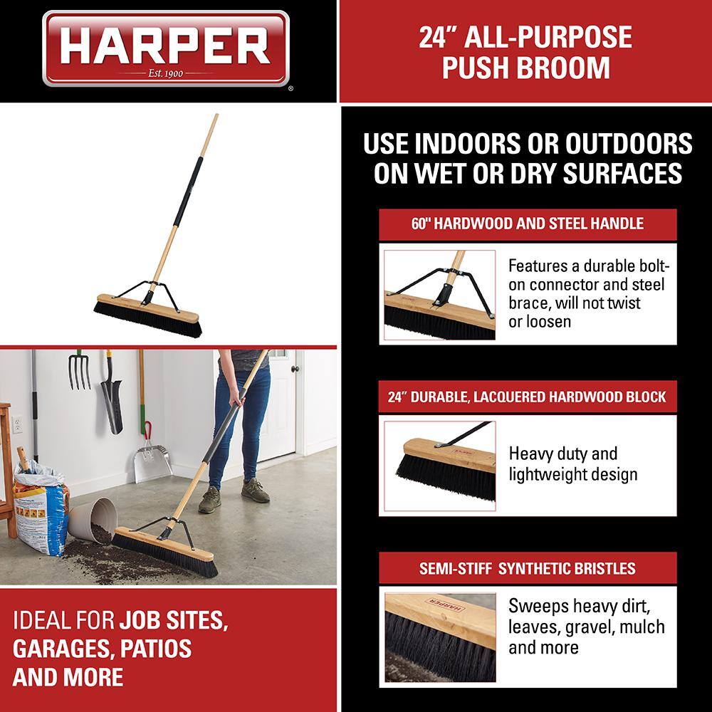 HARPER 24 in. All-Purpose HardwoodSteel Handle Push Broom for Leaves Gravel and Mulch 20201045