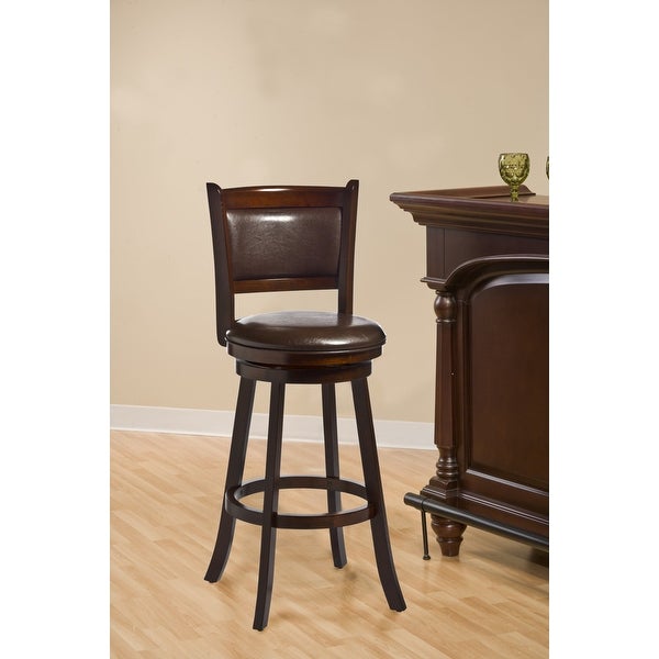 Dennery Wood Bar Height Swivel Stool， Cherry with Brown Vinyl