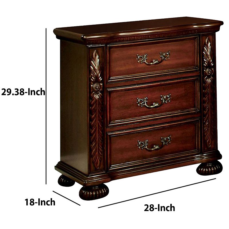 3 Drawer Wooden Nightstand with Antique Metal Handles and Bun Feet， Brown