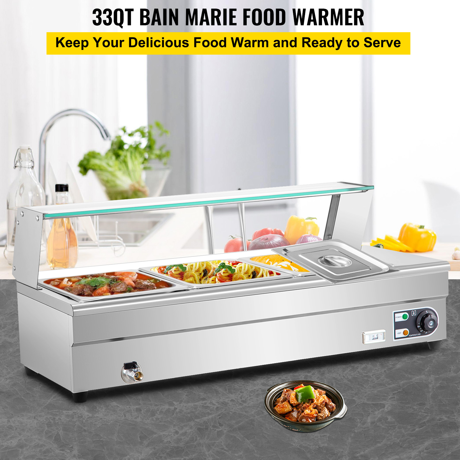 VEVORbrand 3-Pan Bain Marie Food Warmer 6-inch Deep， 1500W Electric Countertop Food Warmer 33 Quart with Tempered Glass Shield， 110V Food Grade Stainelss Steel Commercial Table with 3 Lids and 2 Ladles