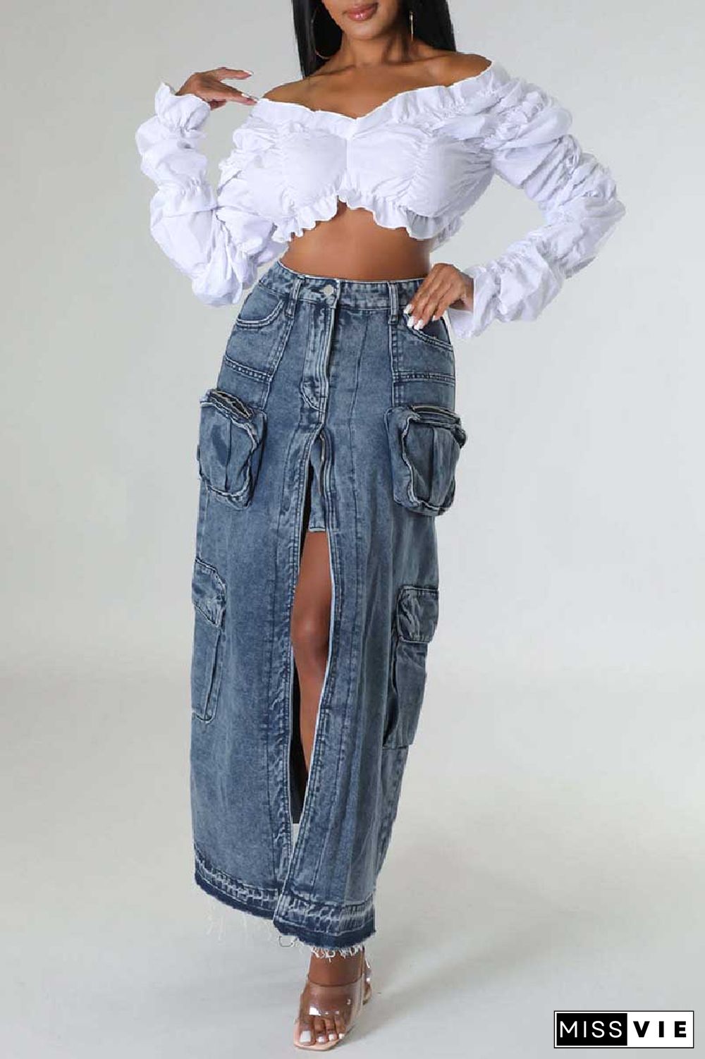 Deep Blue Casual Solid Patchwork Slit High Waist Regular Denim Skirts