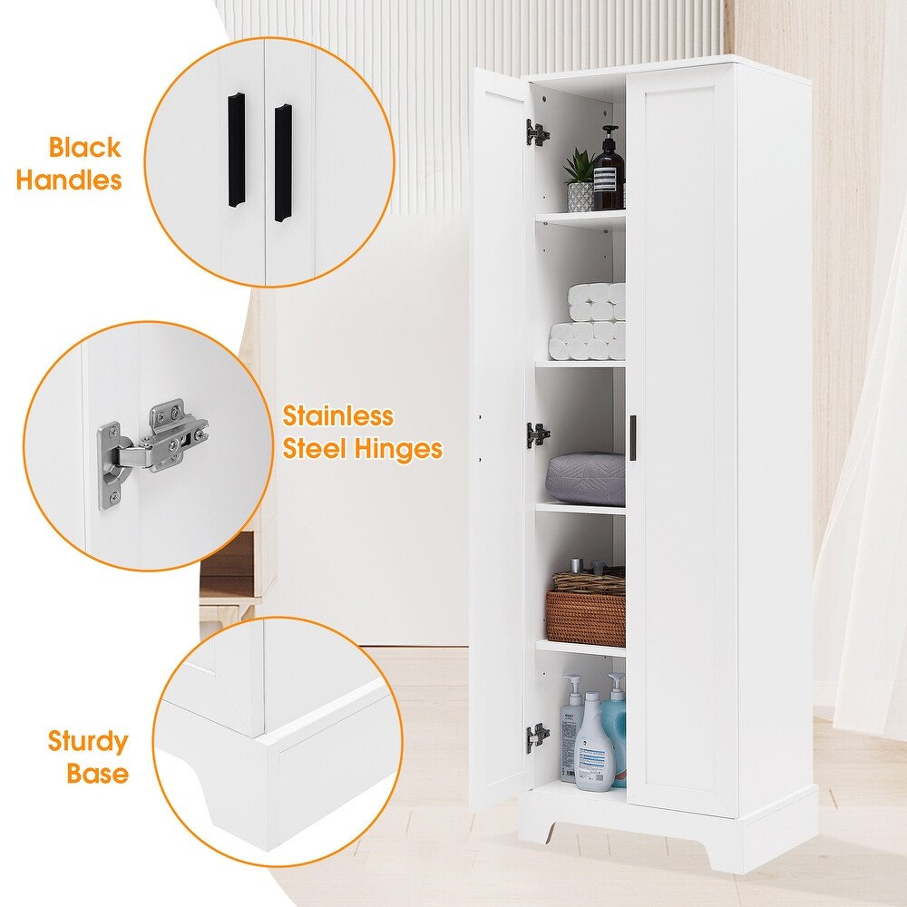 Tall Bathroom Storage Cabinet  5 Tier Freestanding Linen Tower Cabinet with 2 Doors  Storage Organizer Narrow Slim Floor Cabinet