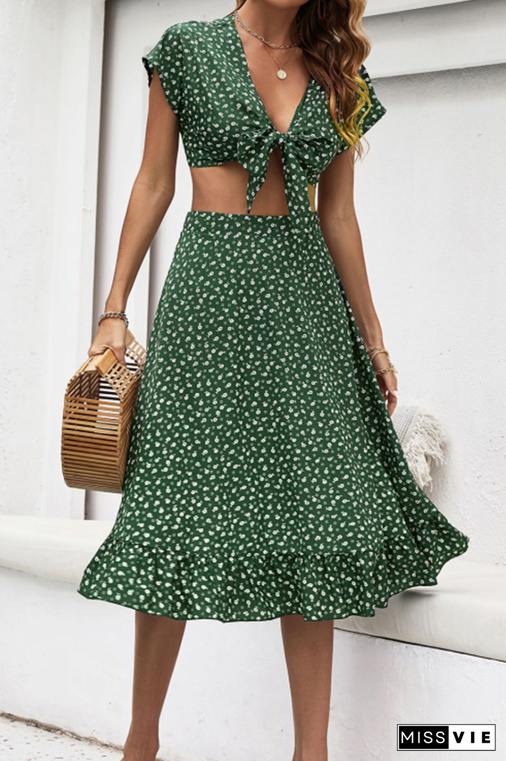 Floral V-neck Bow Top + Skirt Two-piece Set Wholesale