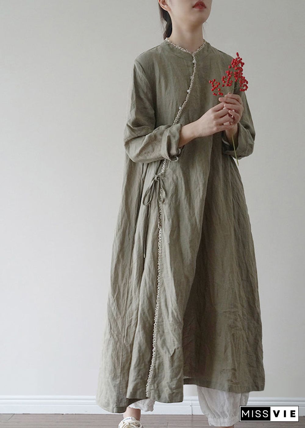 Chinese Style Green tie waist Linen Long Dresses Long Sleeve