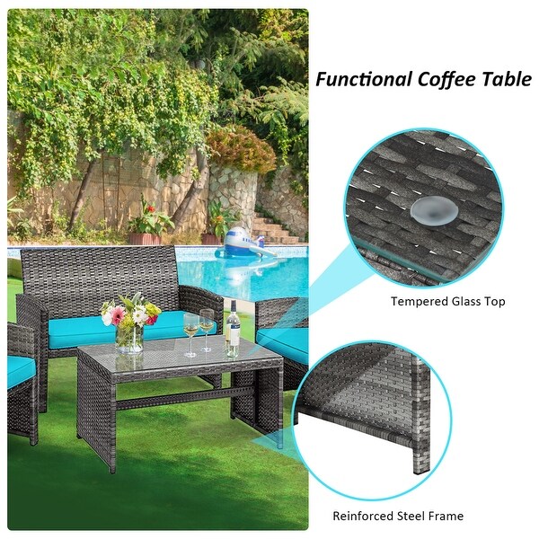 Gymax 4PCS Patio Outdoor Rattan Conversation Furniture Set w/