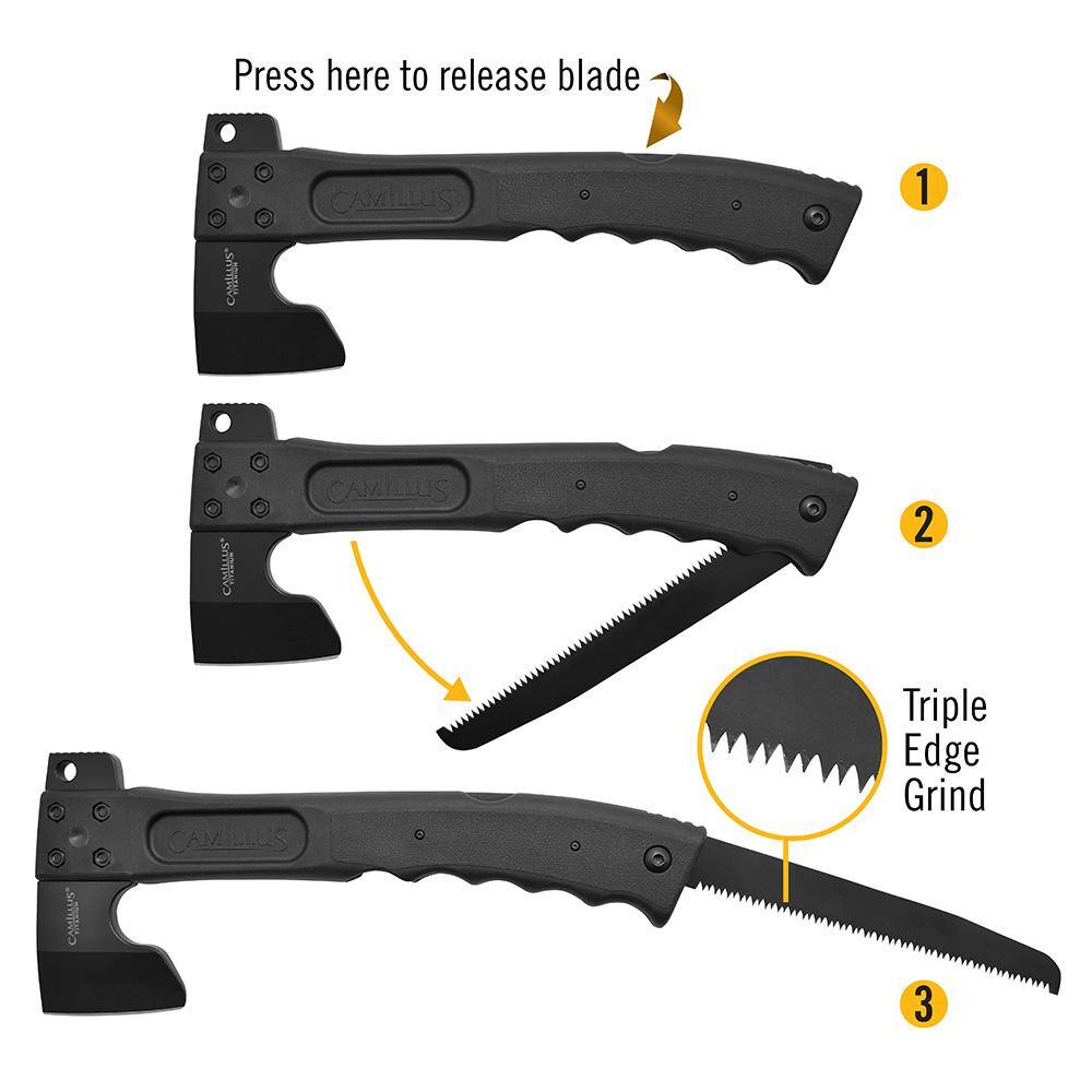 Camillus Camtrax 12 in. Glass Filled Nylon Handle 3-in-1 Hatchet Folding Saw and Hammer with Molded Sheath 19142