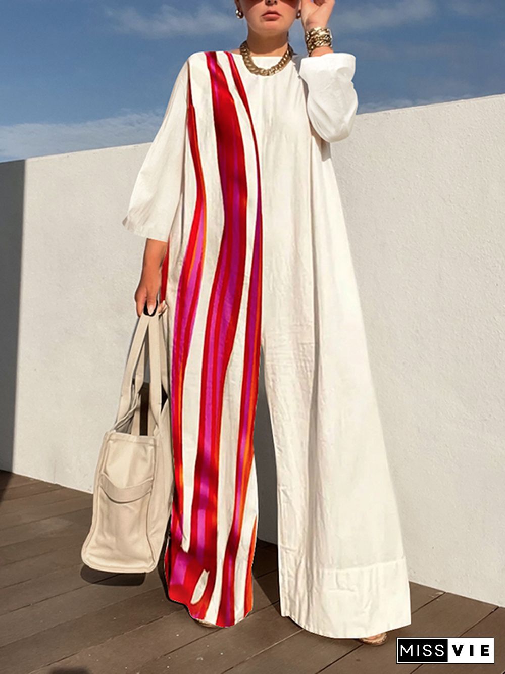 Long Sleeves Loose Striped Jumpsuits